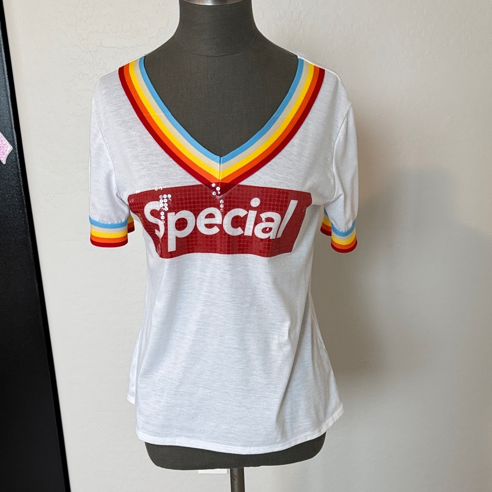 Special Women's White V-Neck Tee with Multicolor Trim